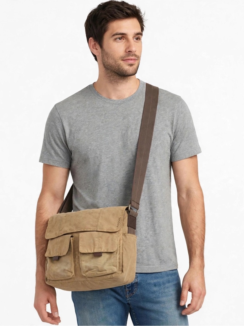 FOSSIL VINTAGE CANVAS MESSENGER BAG KHAKI UTILITY CROSSBODY FIELD BAG UNISEX